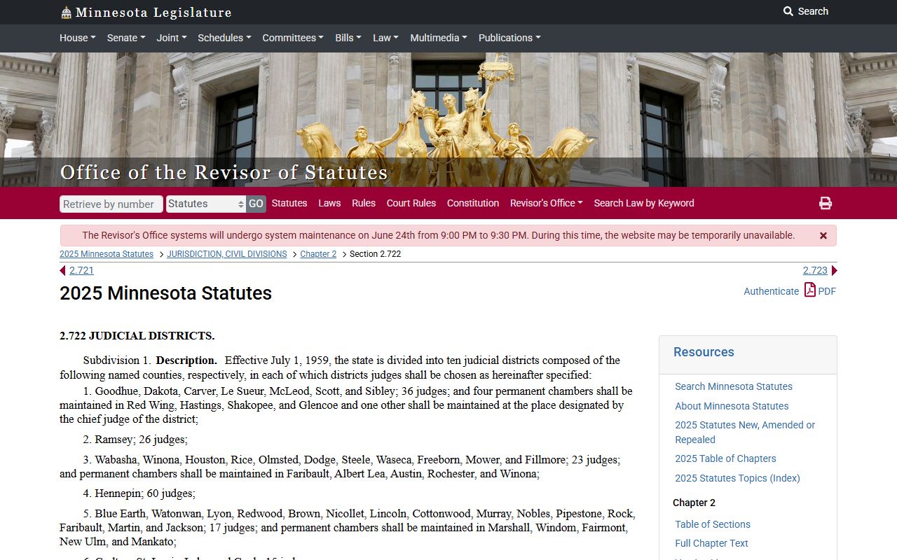 Meeker County court dockets Minnesota judicial district statute