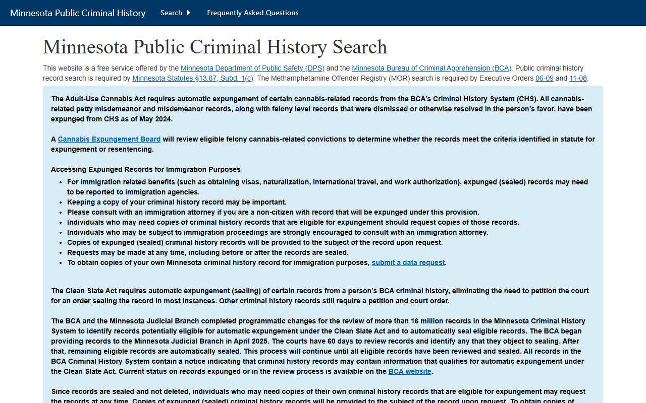 Meeker County criminal court records BCA public criminal history landing page