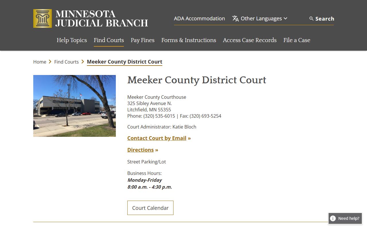 Meeker County court records District Court contact page