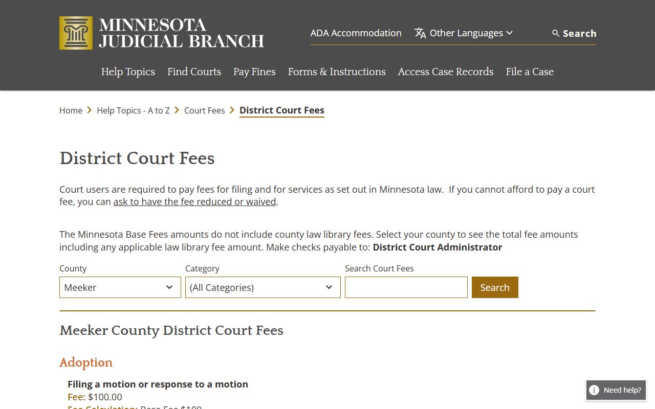 Meeker County court records District Court fee schedule
