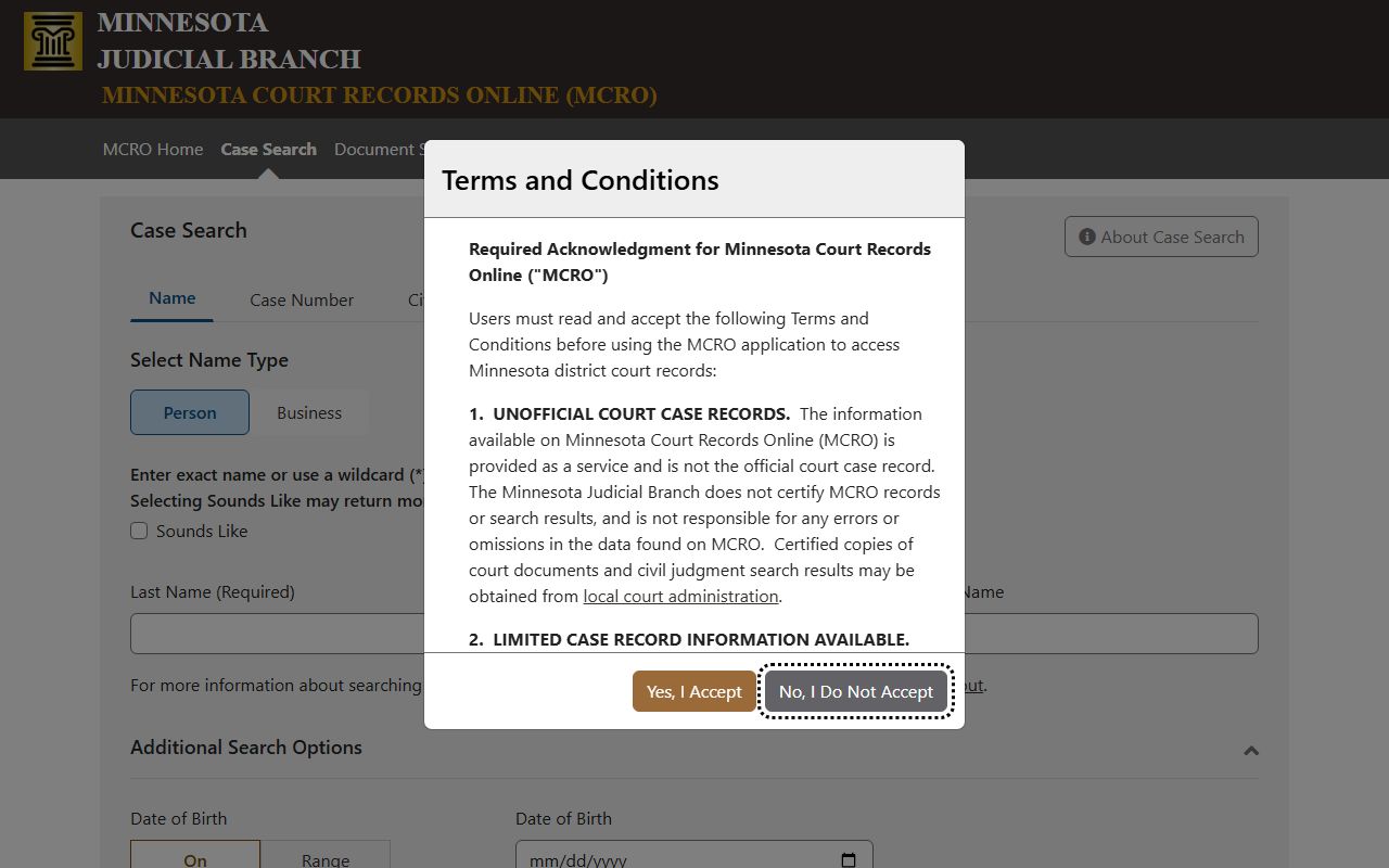 Meeker County court records MCRO Case Search fields
